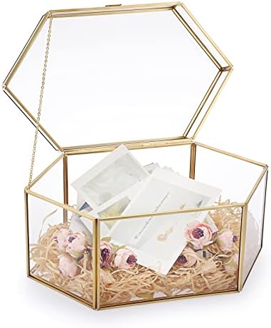 SUMNACON Golden Brass Clear Glass Storage Box Organizer,Large Hexagon Wedding Card Box Gift Holder Cosmetic Box Storage, Decorative Card Case Jewelry Box with Lid Home Decor