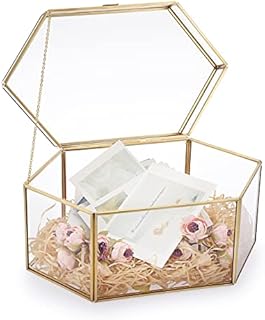 SUMNACON Golden Brass Clear Glass Storage Box Organizer,Large Hexagon Wedding Card Box Gift Holder Cosmetic Box Storage, Decorative Card Case Jewelry Box with Lid Home Decor