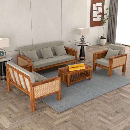 Image of Sheesham Wooden 6 Seater Sofa for Living Room | Solid Wood Sofa with Cane Side Panel | Rosewood Sofa Set for Home & Office | Lounge (Honey Finish, 3+2+1 Seater)