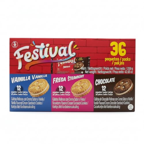 PACKNEXU Noel Festival Surtido de Galletas Rellenas tipo Sándwich - 36 Paquetes Individuales (144 Galletas) - Sabores Vainilla, Fresa y Chocolate, 1209g - Snack Ideal para Merienda y Niños