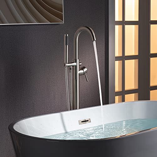 WOODBRIDGE F0023BNRD WOODBRIDGEE High Flow Rate 8 GPM Freestanding Tub Filler Faucet with Hand Shower, Brushed Nickel by WOODBRIDGE - Used condition - US$103.74
