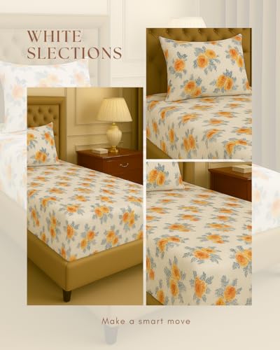 Image of Premium Cotton Elastic Fitted Bedsheets with 1 Pillow Covers |Floral Printed Single Bed Elastic 220 TC Supersoft Breathable & Wrinklefree | for 72x36+6 Inches, Home Story White Orange
