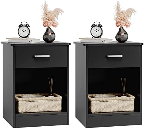 FOTOSOK Nightstand, Set of 2, 2-Tier Side Table with Drawer and Storage Shelf, Bedside Table End Table, Modern Night Stand for Bedroom, Home Office,Black