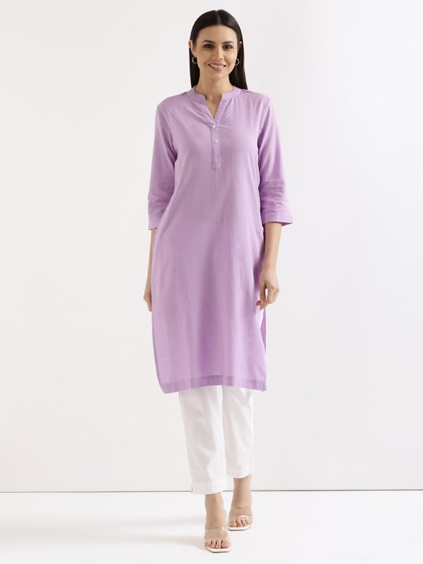 Image of SAADAA Women's Linen Straight Fit Straight Long Kurta Airy Plain Kurta, 3 /4 Sleeve, Knee Length Kurtis with Pockets, Casual and Office Wear