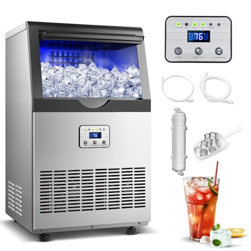 Amzgachfktch Commercial Ice Maker, 110lbs/24H Ice Maker Machine, Auto Self-Cleaning, LED Digital Display, Blue Light, Under Counter/Freestanding Ice Machine for Home/Office/Restaurant/Bar