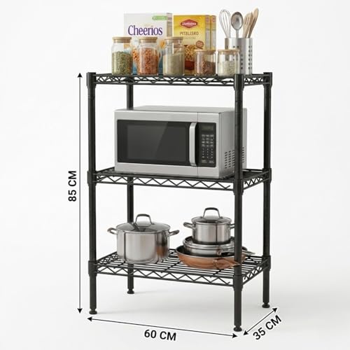 Image of Premium Heavy-Duty 3-Tier Black Metal Wire Storage Rack Shelf Organizer | Adjustable Multipurpose Freestanding Shelving Unit for Home, Office, Kitchen | Size 14 inch D x 24 inch W x 32 inch H Inch