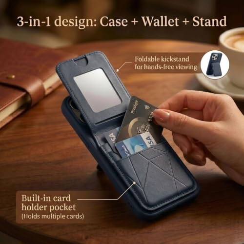 Image of amazon basics Premium Vegan Leather Back Cover with Card Holder and Integrated Mobile Stand for iPhone 16 Pro - Slim Shockproof Wallet Case with Geometric Stitching [Blue]