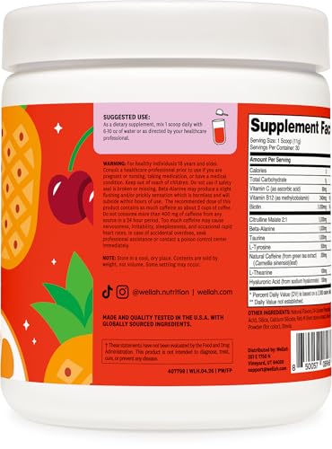 Image of Wellah Pre-Workout Drink Mix (Fruit Punch) 30 Servings | With Citrulline Malate and L-Theanine, 200mg of Natural Caffeine & 1000mg of Beta-Alanine
