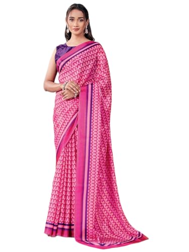 Image of Satrani Women's Chinnon Printed Saree with Unstitched Blouse Piece