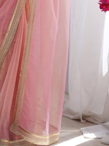 Image of AKHILAM Women's Shimmer Net Solid Saree With Unstitched Blouse Piece