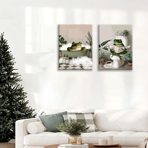 Image of Frimeeme Set of 2 Funny Frog Bathroom Canvas Wall Art,12x16 inches | Frimeeme Set of 2 Funny Frog Bathroom Canvas Wall Art,12x16 inches