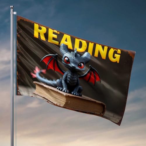 Bandera desplegada con diseño de dragón y aventuras de lectura: un cuento de fantasía, decoración de habitación indie, decoración de cueva para hombres (60 x 90 cm)