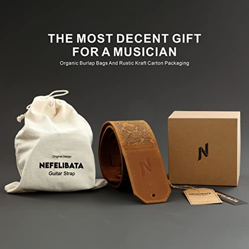 Nefelibata Guitar Strap,3" Wide Full-Grain Sculpted Leather Guitar Straps With Soft Padding For Bass, Electric & Acoustic Guitar (Sahara Yellow Embossed) #TOP5