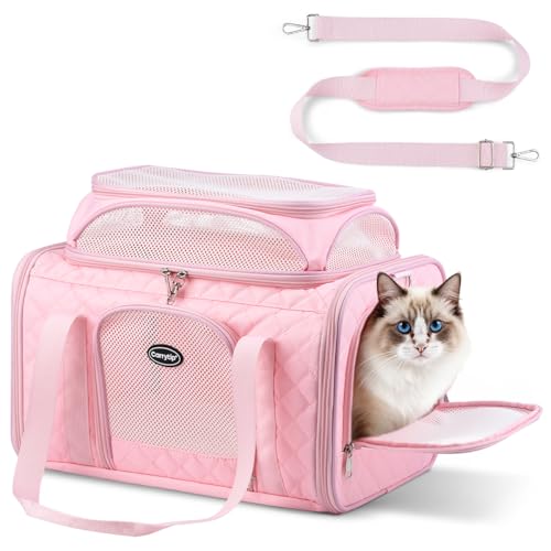 CarryTip Cat Carrier Airline Approved 17x11x9.5 Inches Top Expandable Soft Sided Pet Travel Carrier for Cats & Small Dogs Fits Under Airline Seat with Locking Zippers Pink