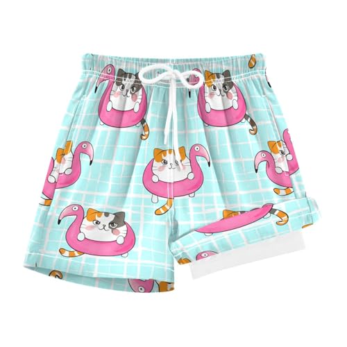 YANENDIE Boy Swim Trunks with Compression Liner Cats Flamingo Floaties Boys Swim Shorts Quick Dry Beach Shorts