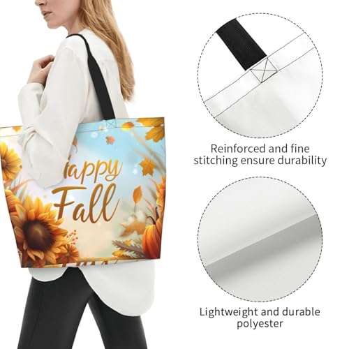 Fall Large Tote Bag Maple Leaf Pumpkin Thanksgiving Day Reusable Shoulder Tote Travel Bags2