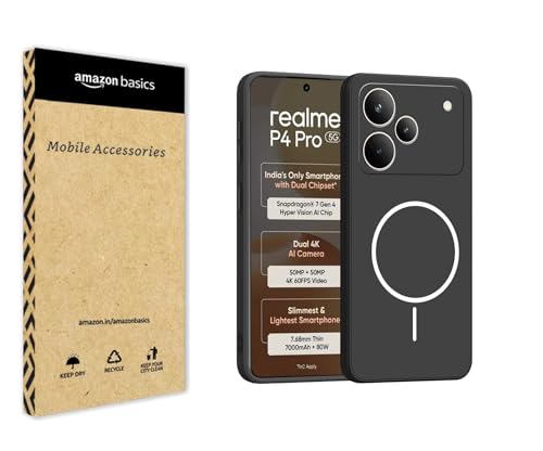 Image of amazon basics Back Cover for Realme P4 Pro 5G | Ultra Slim Soft Rubberised Case | Magsafe Logo Printed (Not Magsafe Compatible) | Camera Protection - Black