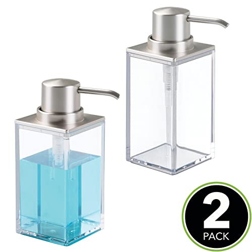 mDesign Rectangle Plastic Refillable Liquid Soap Dispenser Pump Bottle for Bathroom Vanity, Countertop, Sink - Hold Hand Soap/Sanitizer, Essential Oils, Lumiere Collection, 2 Pack, Cear/Brushed Chrome2