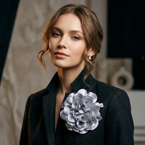Image of 6.3 inch Large Rose Flower Brooches and Pins for Women - Flower Brooch, Hair Clips for Women & Rose Hair Clip | Fashion Accessories for Dresses, Hats, Clothes & Lapel Wear - Silver Grey