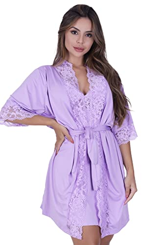 Kit de Robe e Camisola Sofia sem Bojo de Microfibra Light de amamentação Feminino (GG, Lavanda)