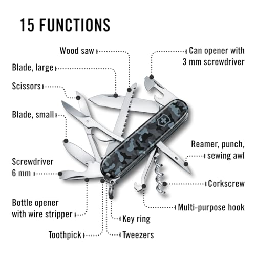 Image of Victorinox Huntsman Swiss Army Knife, 15 Functions, Swiss Made Pocket Knife with Large Blade, Screwdriver, Scissors and Wood Saw - Navy Camouflage