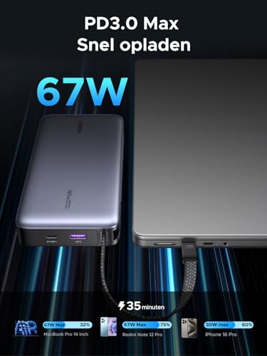 UGREEN Nexode Power Bank, 20000mAh, 67W snelladen met geïntegreerde USB-C-kabel, externe mobiele telefoonaccu's compatibel met Galaxy S25, iPhone 16/15-serie, iPad, laptop en meer - Afbeelding 3