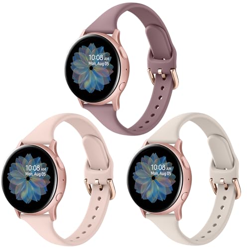 3 Pack Slim Sport Bands for Samsung Galaxy Watch Active 2 40mm 44mm, Soft Liquid Silicone Waterproof Straps for Replacement for Galaxy Watch Active Wristbands Women Men (Pink Sand/Starlight/Mauve)