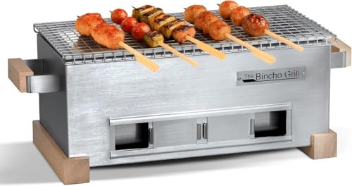 The Bincho Grill – 16' Mini Yakitori Grill – Stainless Steel Mini Tabletop Charcoal BBQ with Charcoal Box, Optimized Airflow & Cool-Touch Base - Perfect for Japanese Grilling, Skewers, Meat, Seafood