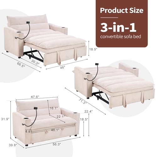 Image of HAOMARKETS 3-in-1 Convertible Loveseat Sleeper Sofa Bed, 2-Seat Pull Out Couch with Cup Holders, Phone Holder and USB Ports, Corduroy 3-Level Adjustable Backrest Couches for Living Room, Beige