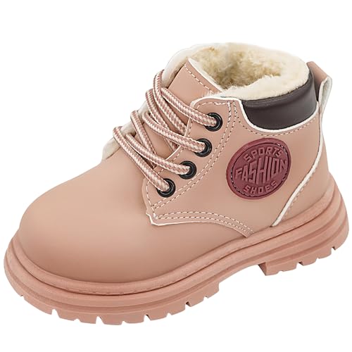 Boys Girls Suede Leather Ankle Booties Furry Faux Fur Lace up Boot Wedge Heel Outdoor Bootie Military Waterproof Boots Dark Pink