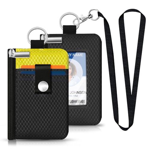 Image of Minimalist RFID Blocking Small Wallet with ID Window,WaterResistant Zip Id Case Wallet with Lanyard Keychain for Cards,Cash,Travel,Women,Men (Black /Lemon Yellow)