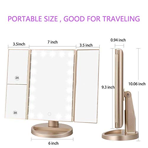 deweisn Lighted Tri-Fold Vanity Mirror with 21 LEDs, Touch Screen, and 3X/2X/1X Magnification - Travel and Makeup Mirror with Dual Power Supply