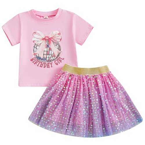 Image of Kayotuas Toddler Girl Summer Outfits Bow Embroidery Short Sleeve T-shirt and Sparkle Tutu Skirt Cute Sister Matching Dresses