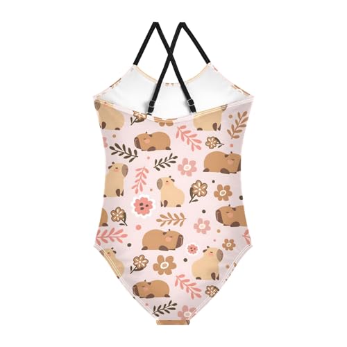 Girls One Piece Swimsuits Cute Capybara Purple Flowers Cute Swimwear Bathing Suits 3-10T2