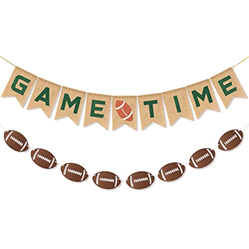 MALLMALL6 2pcs Football Burlap Banners Football Felt Banner Game Time Hanging Party Decoration Sports Rustic Bunting Flag Photo Props Backdrop for Baby Shower Game Day Birthday Party Favor Supplies