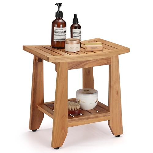 TEAKAURA Teak Shower Bench Stool 14 Compact Waterproof Wood Spa Bath Bench with Storage Shelf & Handle Non-Slip Solid Teak Shower Seat Chair for Small Bathrooms Inside Shower and Outdoor Use