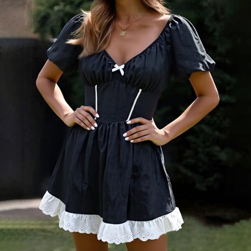Image of Women Y2k Puff Sleeve Babydoll Dresses Square Neck Tie Back Mini Dress Summer Solid Off Shoulder Flowy Sundress