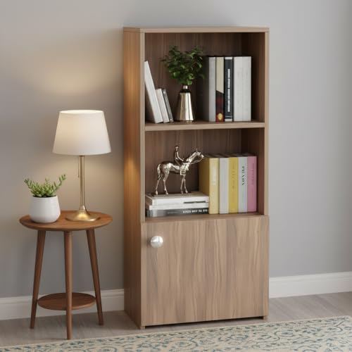 Image of FURNEASER Vivid Wooden Bookshelf Cabinet with Door & Open Shelves | Modern Bookcase Storage Organizer for Living Room, Bedroom & Office | Engineered Wood - DIY (Exotic Teak)