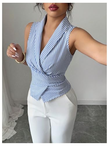 SOLY HUX Women's Sleeveless Striped Shirt Collared V Neck Bow Tie Business Blouses Tank Top4