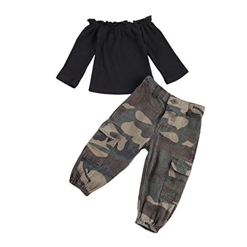Toddler Kids Baby Girl Camo Outfit Off Shoulder Ribbed T-Shirt Top Camouflage Pants Fall Winter Clothes 2Pcs Set (Black Crop Top&Camo Harem Pants, 5-6X)