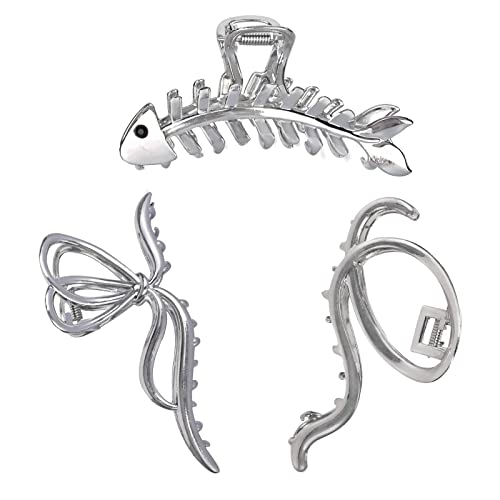 Yonchic 3-Piece Multiple Shapes Metal Hair Clips, Silvery Fish Bone Hair Claw For Thin/Medium Thick Hair, Elegant Bowknot Barrettes, Simple Style Strong Hold Hair Clamps Non Slip Cute Hair Catch Clip Accessories #TOP6