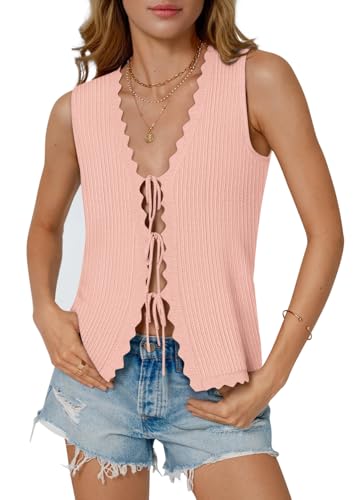 Image of COCCKO Womens Summer Tops Vacation Beach Outfits Cute Tie Front Crochet Vest Knit Sleeveless Sweaters