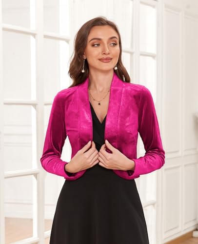 Image of Women's Long Sleeve Velvet Shrug for Dresses Cocktail Party Open Front Cropped Bolero Cardigan Top