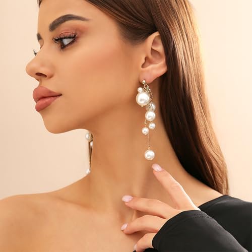 Long Large Pearls Dangling Earrings for Women Fashion Wedding Fake Freshwater Pearl Big Dangly Preppy Earring Dainty Oversized Drop Dangle Statement Jewelry Gifts4