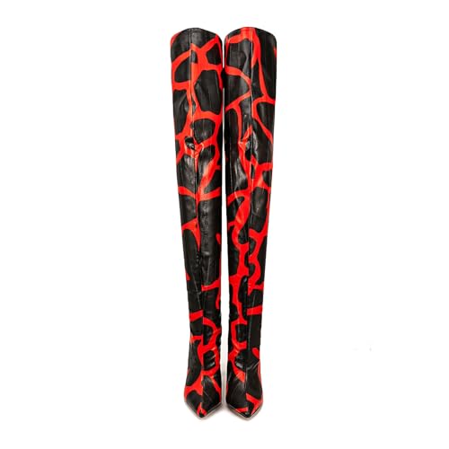 Image of Thigh high boots for women striped Back zipper Burgundy Zebra Print Over the knee Sexy gold white pointed toe Cow Print leopard Magenta stiletto heel