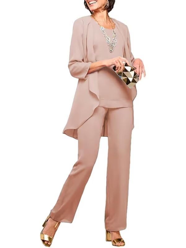 Chiffon Mother of The Bride Pant Suits for Wedding 3 Pieces Wedding Guest Outfits for Women with Jacket