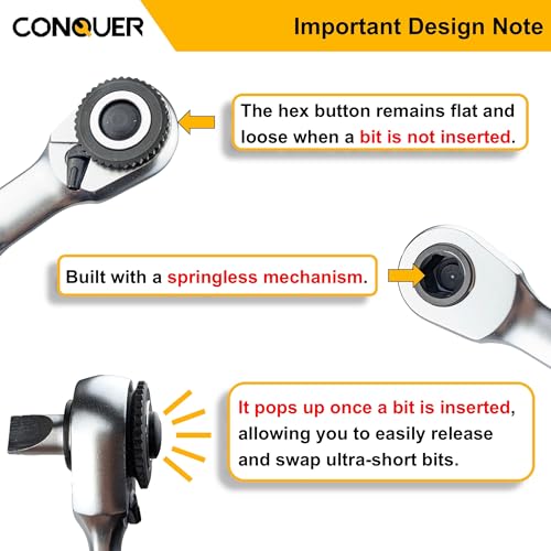 Image of CONQUER 1 /4 inch Mini Ratchet Wrench - Ultra-Low Back Drag & Low Profile Dual Head Ratchet - Problem Solver for Tight Engine Spaces, Sockets & Hex Bits EDC