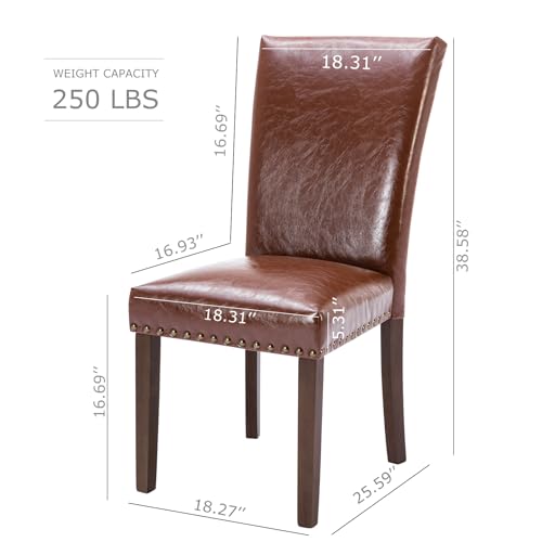 Image of COLAMY Upholstered Parsons Dining Chairs Set of 2, PU Leather Dining Room Kitchen Side Chair with Nailhead Trim and Wood Legs - Light Brown