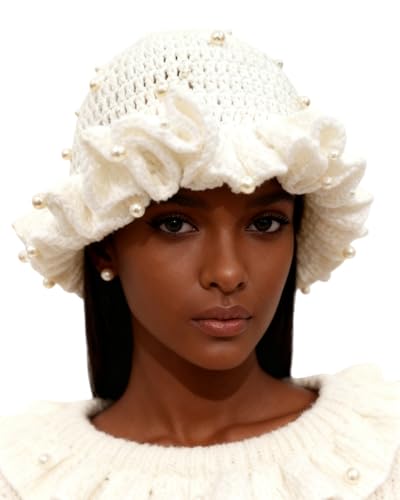 Image of Women Crochet Bucket Hat Cute Winter Ruffled Brim Floppy Cap Handmade Knit Cloche Hats