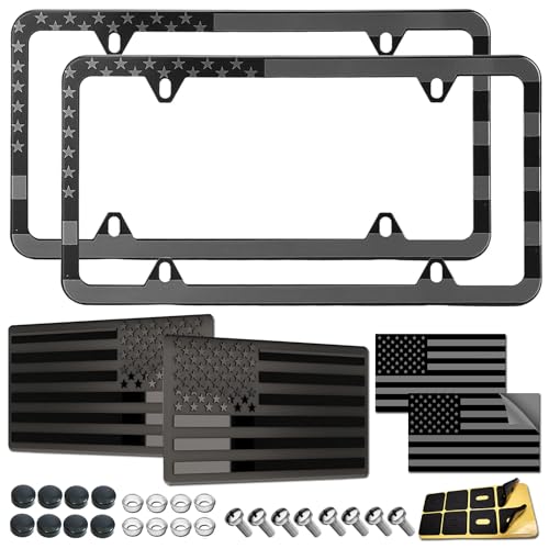 American Flag License Plate Frames - 2 Pack Black Stainless Steel Patriotic USA Car Tag Frame with UV-Printed Flag & 3D Metal Decals